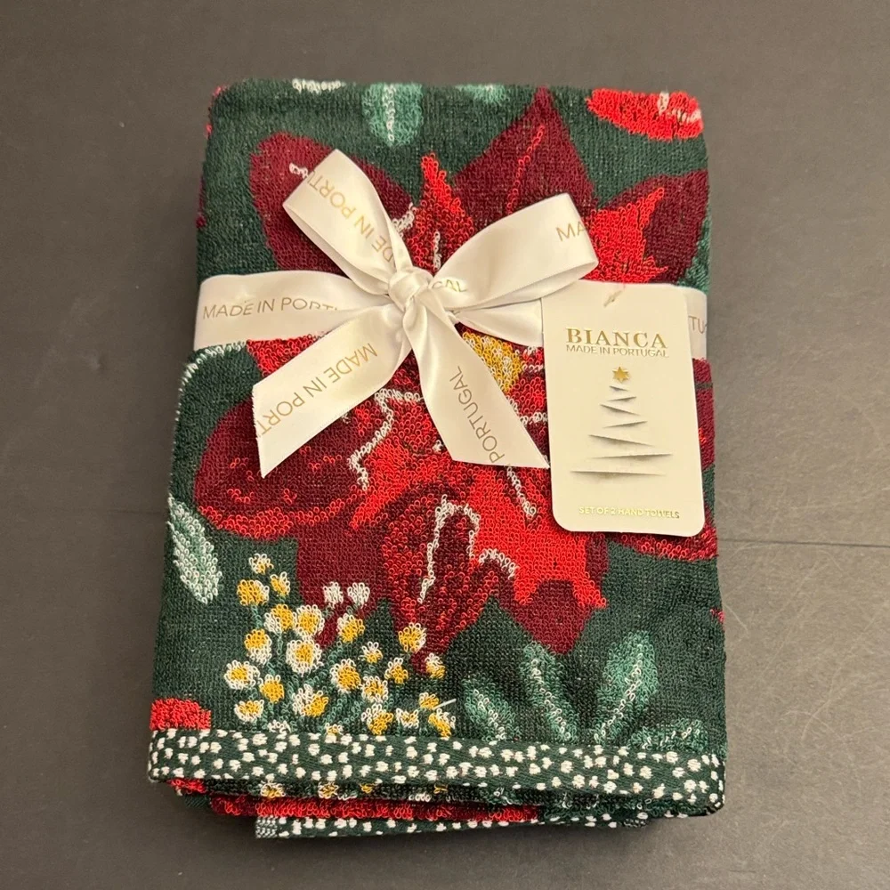 2pc BIANCA 100% Cotton Poinsettia Pattern Bath Hand Towel Set - Made in Portugal